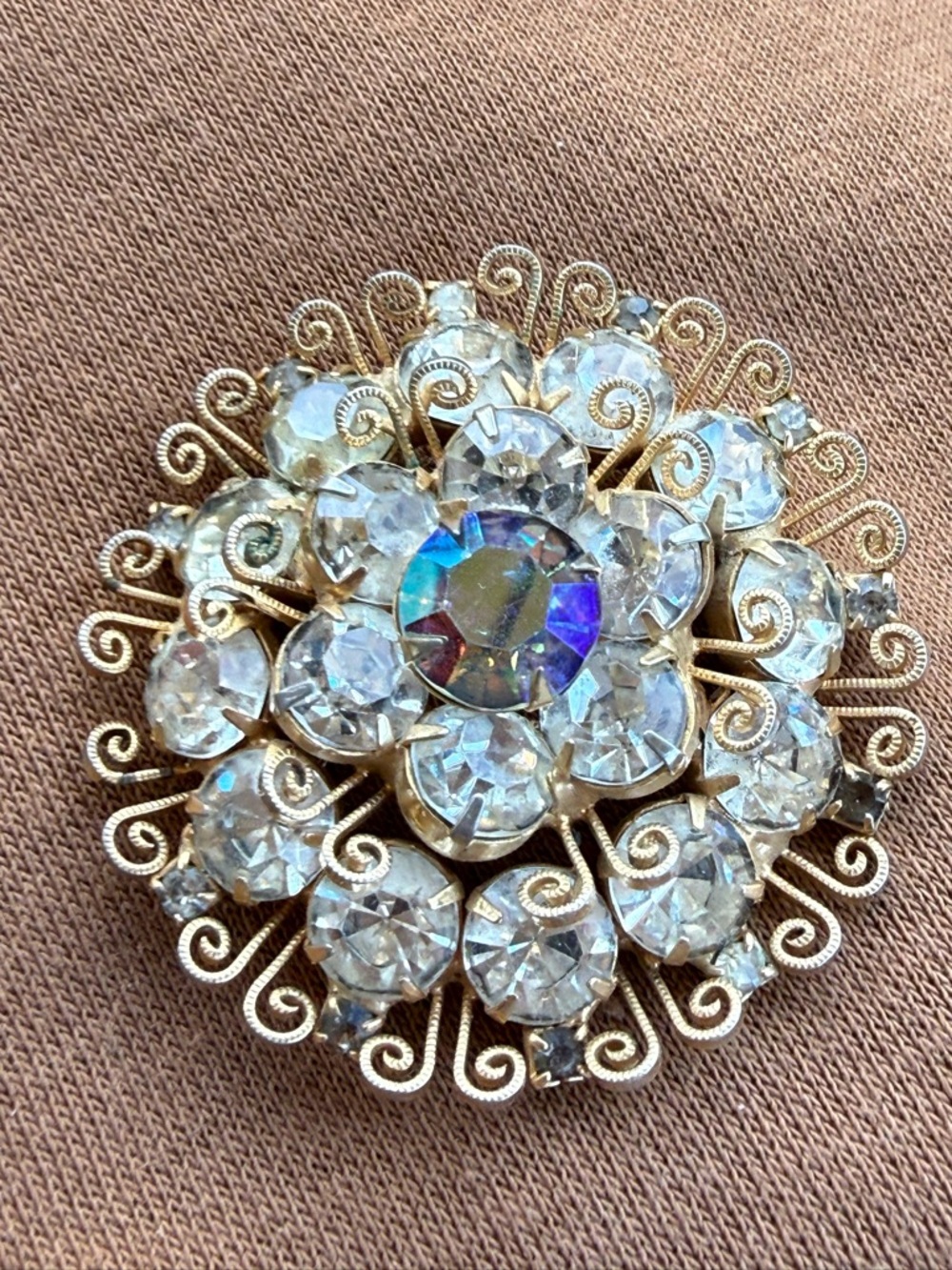 Vintage Juliana Aurora Borealis Crystal Flower Brooch - Gold Tone